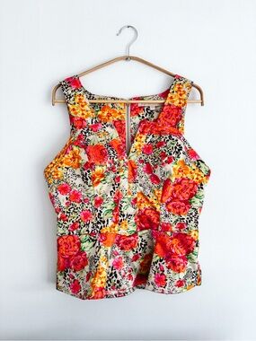 GUESS Maddie Peplum Sleeveless Blouse - Animal Floral Print, Y2K - Size Large